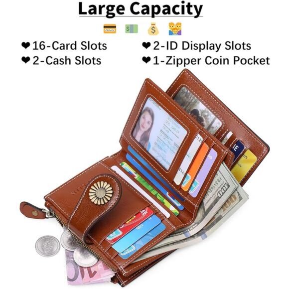 Small Womens Wallet Leather Bifold Card Holder RFID Blocking with Zipper Pocket - Picture 2 of 7